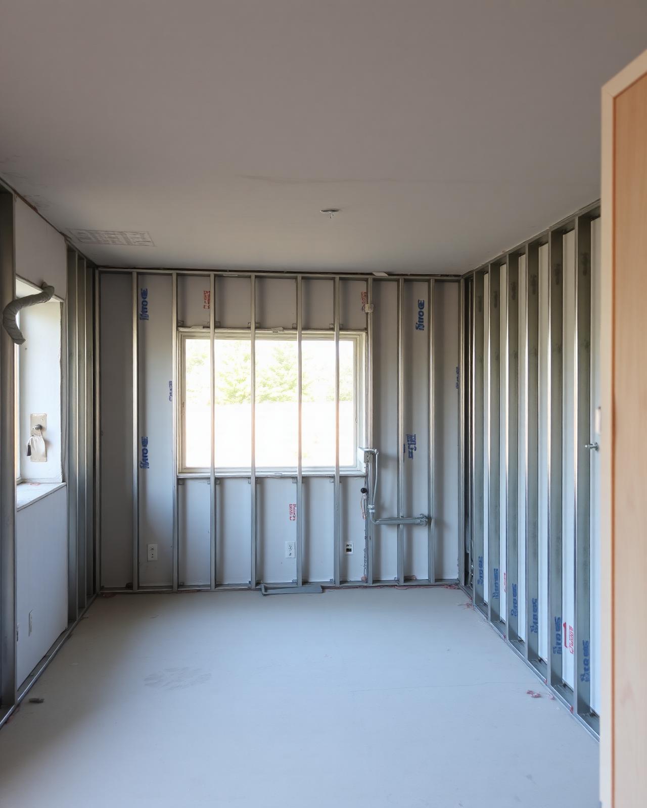 Rohbau mit Metallständerwerk und neuem Fenster im Wohnzimmer