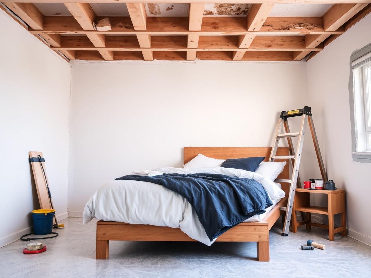 Schlafzimmer in Renovierung mit Leiter und freigelegter Decke